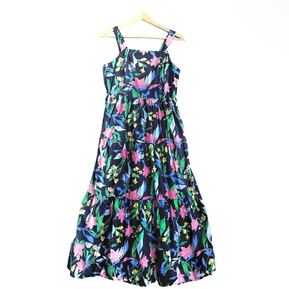 J.CREW Imogine Floral Tiered Dress Midi Maxi Blue Pink Green Yellow Pockets Long - Picture 2 of 9